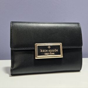 Kate Spade Reegan Medium Flap Wallet Smooth Leather In Black with Gold Accents